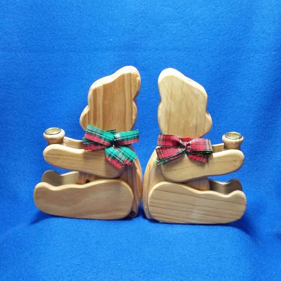 Wooden Teddy Bear Candlestick Holder Set Christmas Around The World Set of 2 - Picture 7 of 10